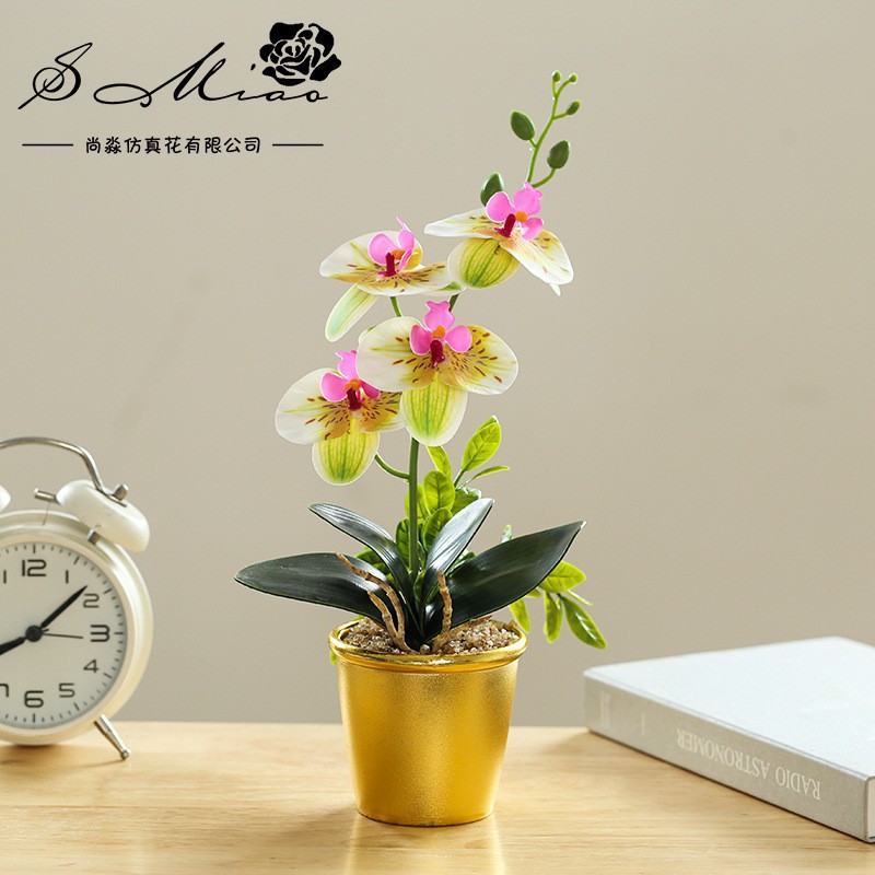 Orquídea de mariposa de tres cabezas de flores falsas bonsai estilo nórdico decoración interior flores artificiales imitación de maceta image 1