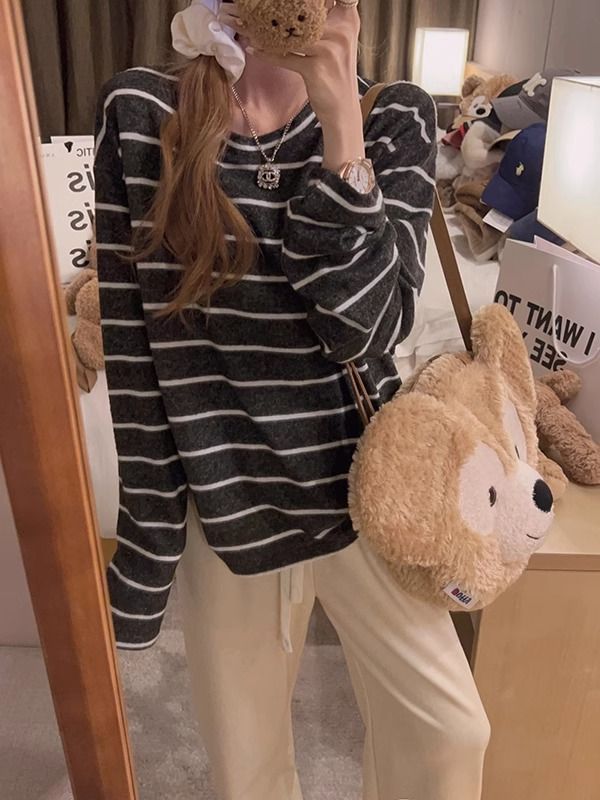 韩系慵懒风条纹圆领长袖T恤女2025秋季新款宽松百搭大码休闲上衣|undefined