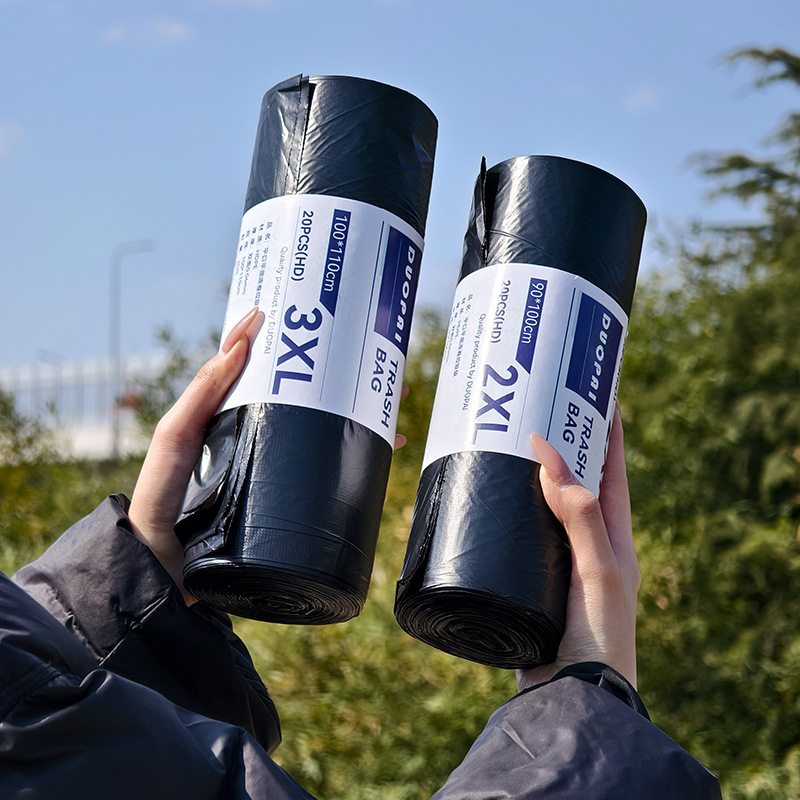 Bolsa de basura de fondo plano de boca plana, propiedad de hotel negro, rollo continuo comercial, bolsa de plástico de saneamiento industrial engrosada