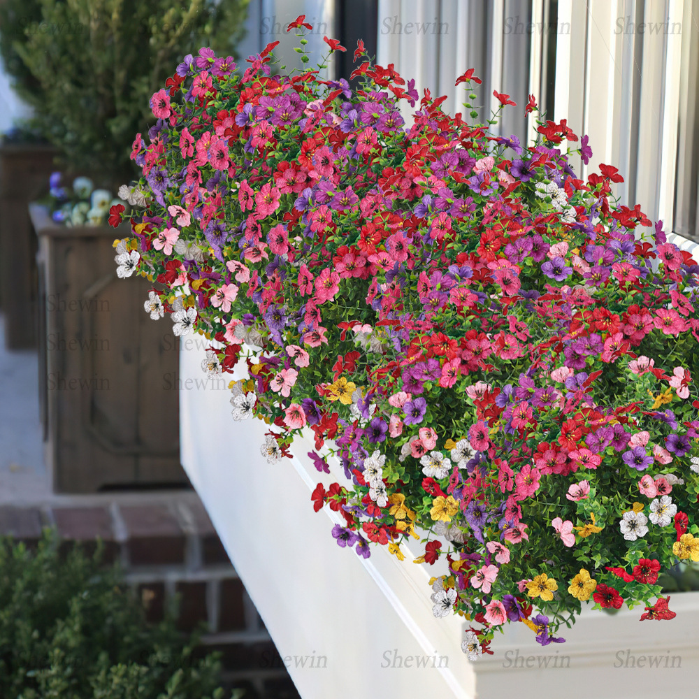 Flores artificiales de eucalipto violeta de siete cabezas para decoración de jardín exterior, hogar, hotel, boda, adornos de flores artificiales.