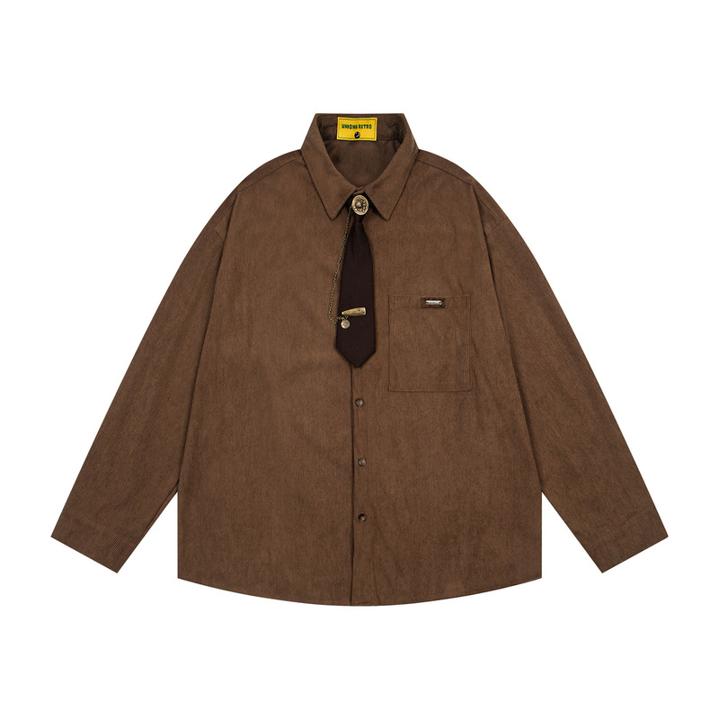 American retro corduroy long-sleeve shirt for men and women with metal accessories, tie decoration, pocket label, loose casual shirt American retro corduroy long-sleeve shirt for men and women with metal accessories, tie decoration, pocket label, loose casual shirt