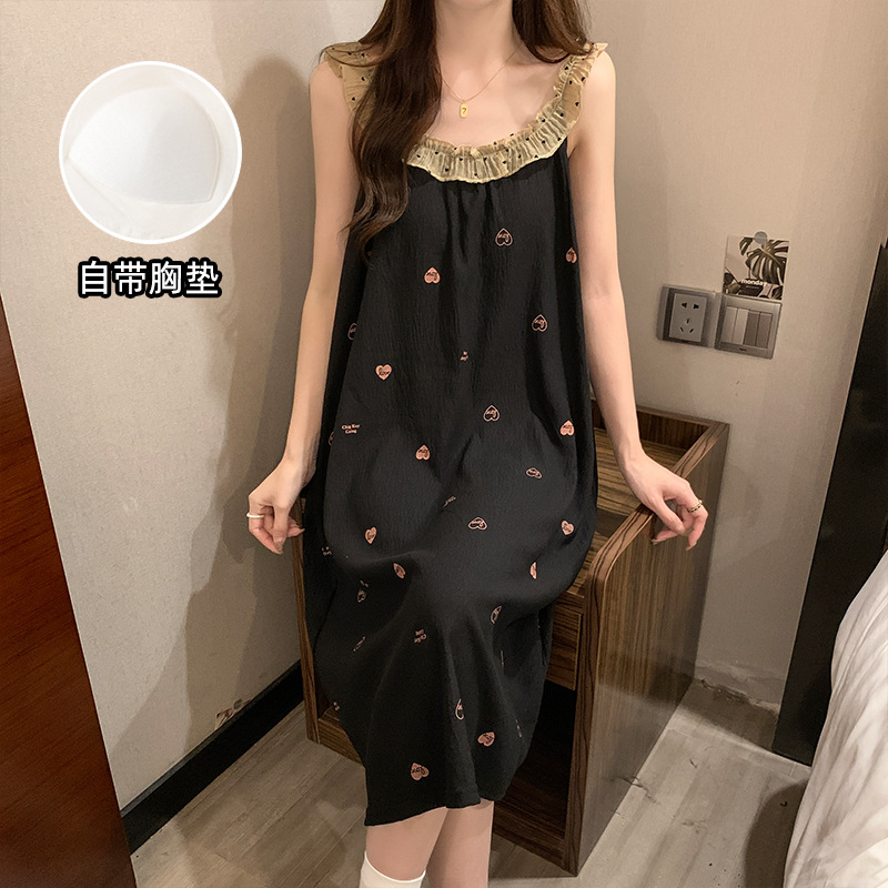 Fabricante pijama de verano encaje pijama de cuello redondo nubes de algodón cómodas y transpirables dulces con cojín de pecho vestido de cabina se puede usar fuera