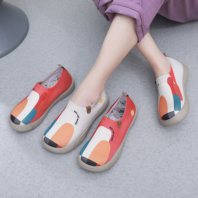 Summer New Style Women's Old Beijing Cloth Shoes Trendy Painted Casual Shoes Soft Sole Soft Surface Fly-Knit Thick-Soled Slip-On Shoes