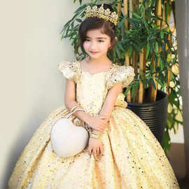 儿童礼服公主裙子速卖通中小童蓬蓬纱香槟色礼服Children's dress