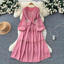 欧美跨境重工镂空亮片拼接圆领灯笼袖绑带收腰连衣裙女高级感长裙