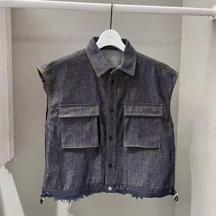 FOG SACAI Japanese Style 25 Spring and Summer New Back Pleated Denim Vest Loose Women Sleeveless Top