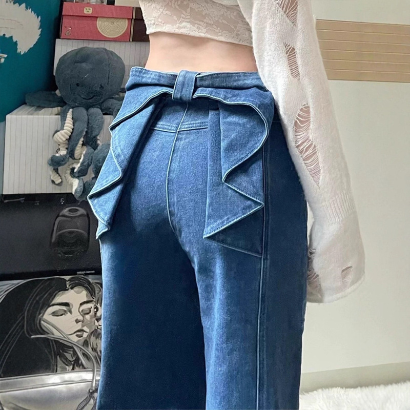Designed Bow Loose Straight Jeans for Women Spring New Retro Blue High Waist Slim Narrow Wide Leg Pants