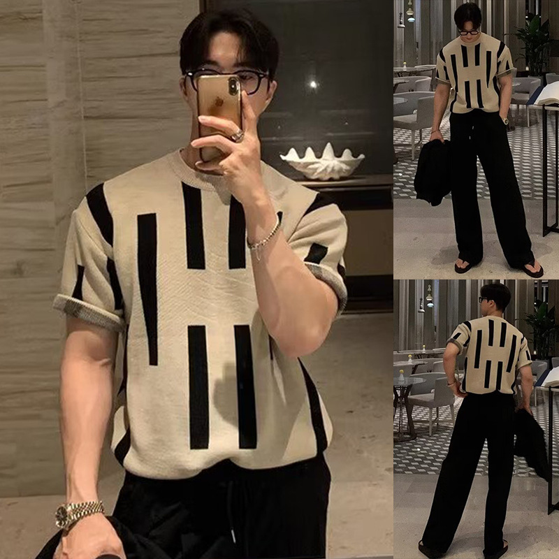 camiseta de punto de manga corta hombre rayas de contraste de color delgado antiguo estilo de negocios camiseta superior hielo seda fábrica de verano transfronteriza al por mayor