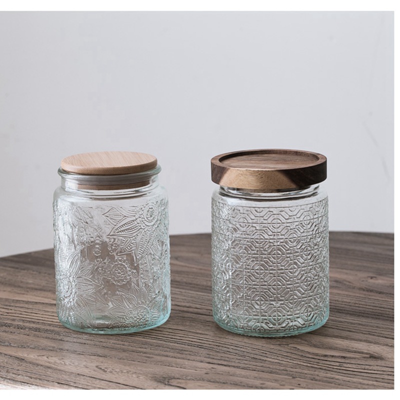 亚马逊透明玻璃罐咖啡干果储存复古设计带密封木盖海棠花纹储物罐