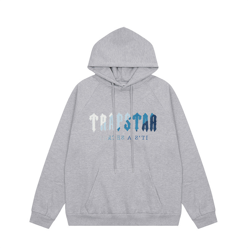 Marca de moda europea y americana Trapstar blanco y azul degradado color toalla bordado fleece-forrado hombres y mujeres pareja de alta calle traje de ocio