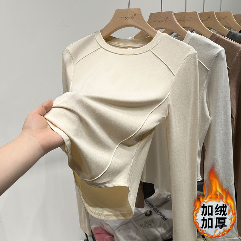 奶白灰弧形下摆早秋长袖不规则外穿打底衫t恤女纯欲修身圆领内搭|undefined