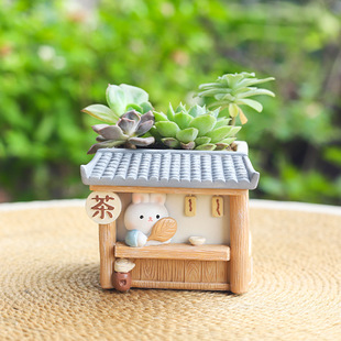 Creative Desktop Cartoon Rabbit Teahouse Resin Fleshy Flower Pot Container Balcony Landscape Gardening DIY Potted Flower Set