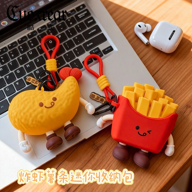 Cute French Fries Coin Purse, Cartoon Silicone Bluetooth Earphone Storage Bag, Keychain, Mini Backpack Charm