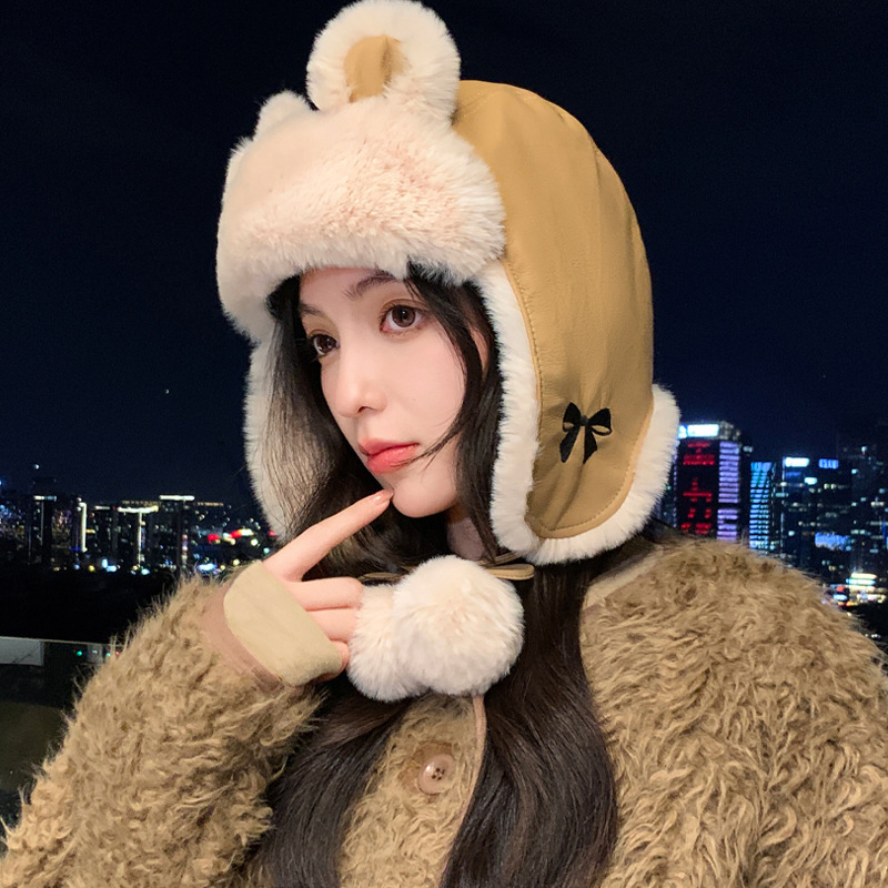 可爱小熊冬季帽子女加厚保暖雷锋帽骑行滑雪加绒护耳帽防风一体帽|undefined