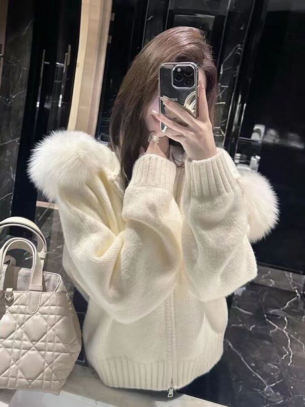 Atmospheric and Lazy Style Large Fur Collar Hooded Outerwear Sweater Jacket for Women, New Spring and Autumn Zip-Up Knit Top