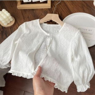 Baby Summer Girl's Bamboo Cotton Lace Bow Tie Thin Shawl Small Outwear Air-Conditioning Shirt Sun Protection Outer Wear