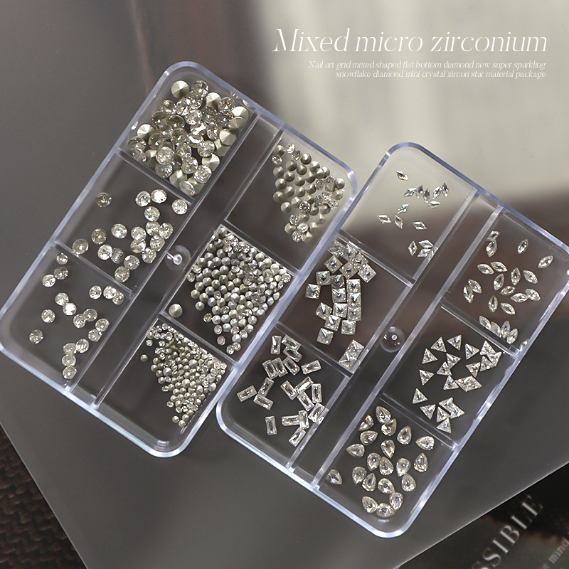 Celebridades de Internet de lujo ligero 5A joyería de uñas de alta calidad de alta transparencia plata y blanco chapado en el fondo circonita de punta redonda caja de subensamblaje de 6 compartimientos uñas DIY