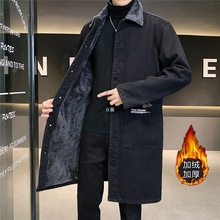 复古牛仔衣男装大码秋冬中长款风衣加绒潮牌青年休闲保暖翻领外套
