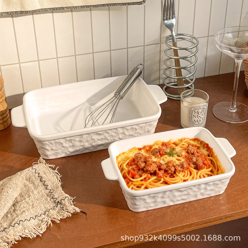 Stone-Patterned Double-Ear Ceramic Rectangular Baking Dish Set, Suitable for Cross-Border Nordic Ovens and Microwave Ovens, Can Be Used as a Baked Rice Dish