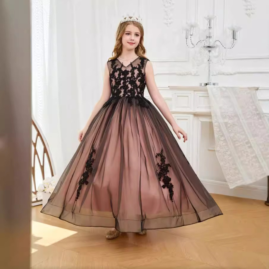Comercio exterior transfronterizo encaje de manga media con diamantes vestido de niña vestido de princesa vestido de flor de niños espectáculo largo anfitrión de rendimiento Liu Yan