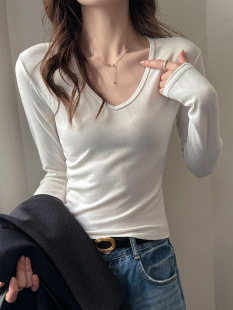 Carefully selected white inner bottoming shirt for women in early autumn silk lyocell right shoulder v-neck slim design top