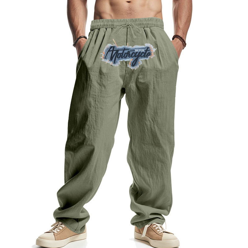 American-Style Cross-Border Men's Linen Loose Wide-Leg Hip-Hop High Street Trendy Washed Embroidered Jogger Casual Sports Pants