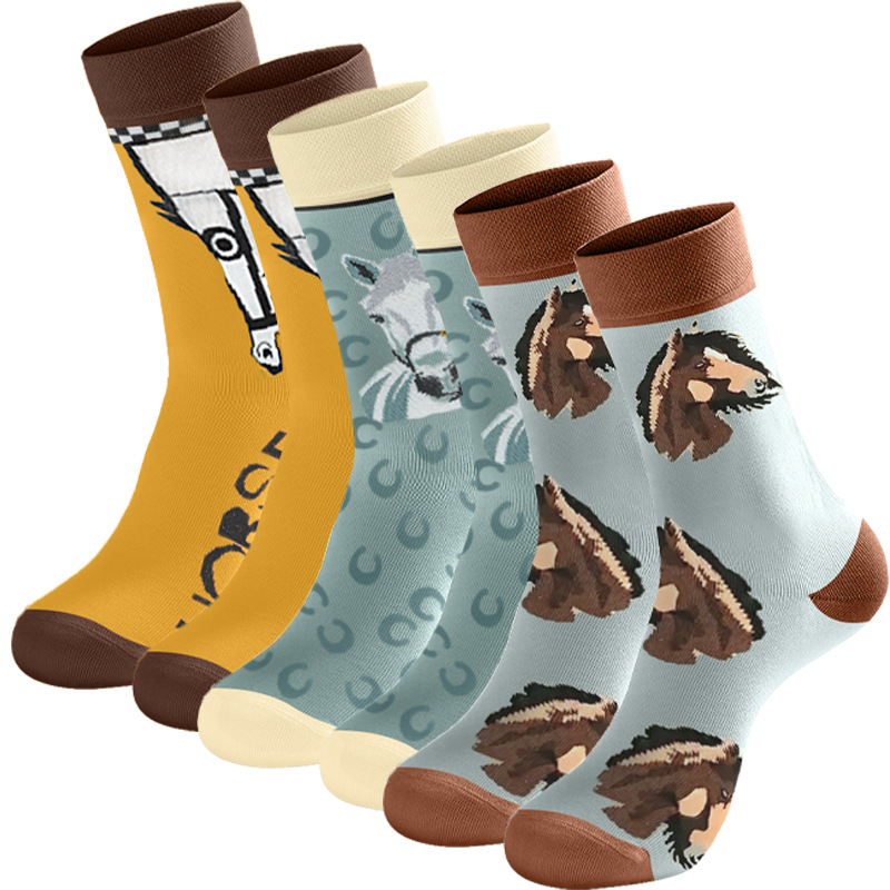 秋冬新款袜子卡通骏马撞色复古潮流百搭趣味透气中筒女袜现货批发