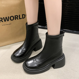 Foreign Trade Small Thick-Soled Thick-Heeled Boots for Women in Autumn and Winter New British Style Versatile Back Zipper Short Boots
