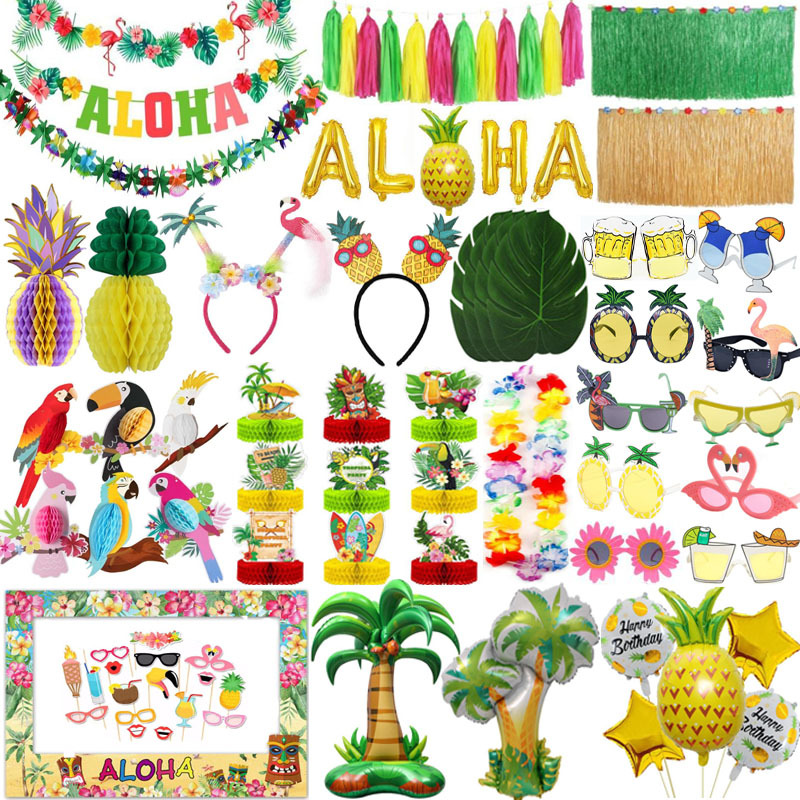 Hawaii Beach Birthday Party Decorations Balloon Turtle Leaf Flamingo Scene Layout Flag Glasses Headband