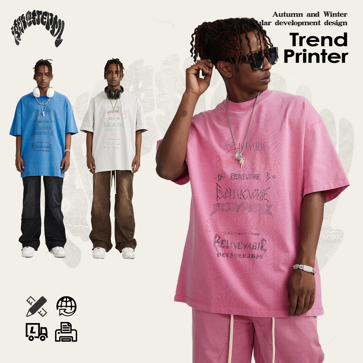 Camiseta de Manga Corta Holgada con Estampado Desgastado Retro de Estilo Americano de Primavera/Verano 2025, Marca de Moda, Informal, de Algodón Puro para Hombre