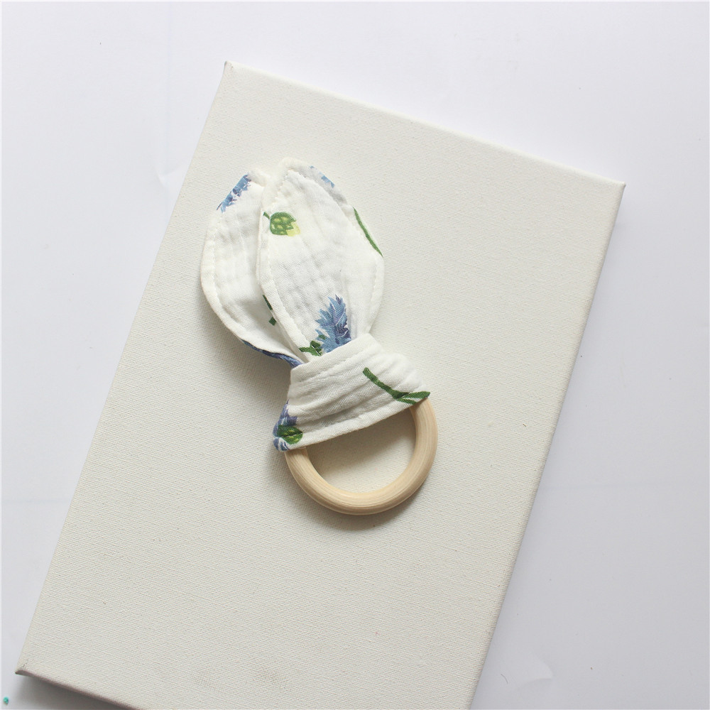 23g Weight Teething biscuits Toys Type 1 Piece Quantity Cloth, Wood Material Solid Color, Bow Knot Pattern Cute Style Cotton Gauze Wooden Teething Ring Baby Hand Grasping Training Toy Cute Solid Color Baby Accessories 4