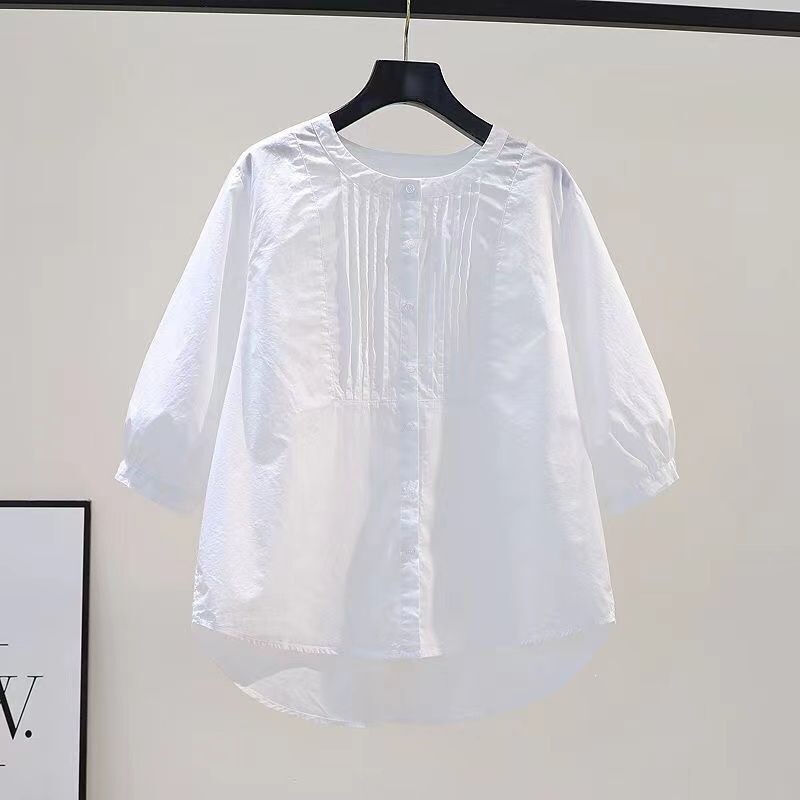 Loose Design Casual Korean Style Round Neck 2026 Half-Sleeve Summer Pure Cotton White Shirt Women's Blouse Top