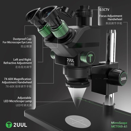 2UUL MC7060 - A1 microscopio de precisión para el mantenimiento de teléfonos móviles de tres ojos 7 - 60 microscopio multifuncional de tres ojos