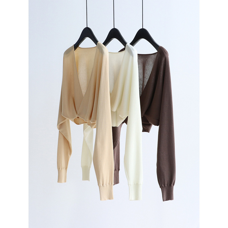 26 Spring Batwing Sleeve Cross-Over Buckle V-Neck Knit Sweater Lazy Shawl Tencel Lyocell Short Vest Top
