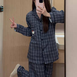 100%纯棉平纹格子卡通KT女睡衣家居服