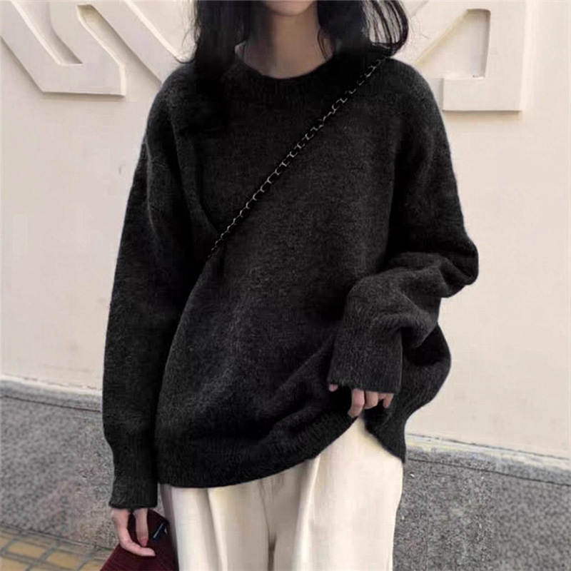 跨境韩系慵懒圆领毛衣女秋冬新款宽松显瘦打底套头内搭针织衫上衣|undefined