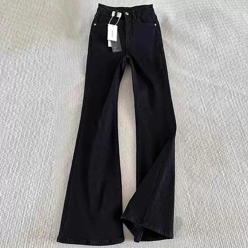 Black Straight-Leg Flared Jeans for Men, Spring and Autumn American High Street Vibe Pants, Slim Fit, Slimming Curved Hem Flared Pants