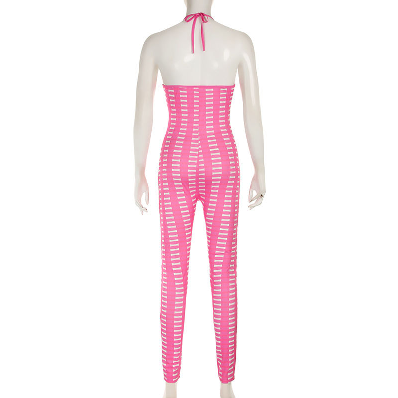 Sexy Women Clothing Barbie Pink Striped Contrast Color Deep V Plunge neck Hollow Out Cutout out Tight Braces Halter Jumpsuit Skinny Trousers