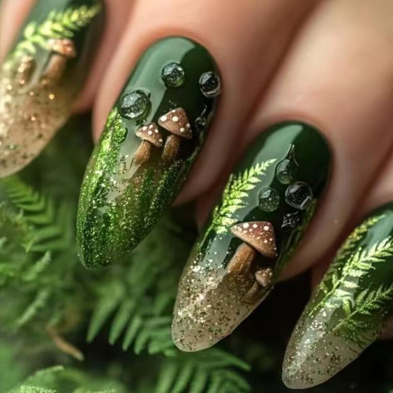 Cross-Border Green Forest Mushroom Style European and American Wearable Nail Art Nail Pieces Removable Fake Nail Pieces Wholesale Cross-Border Green Forest Mushroom Style European and American Wearable Nail Art Nail Pieces Removable Fake Nail Pieces Wholesale
