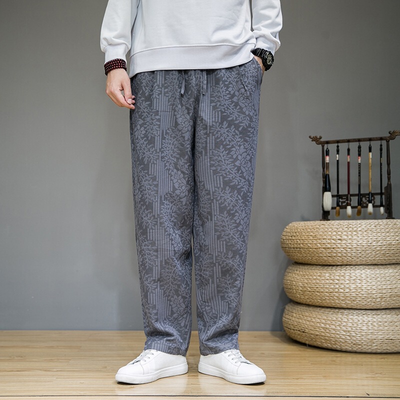 In-stock spring/summer men's cotton-linen jacquard pants with split hem, straight-leg casual trousers, mid-rise drawstring long pants for young men