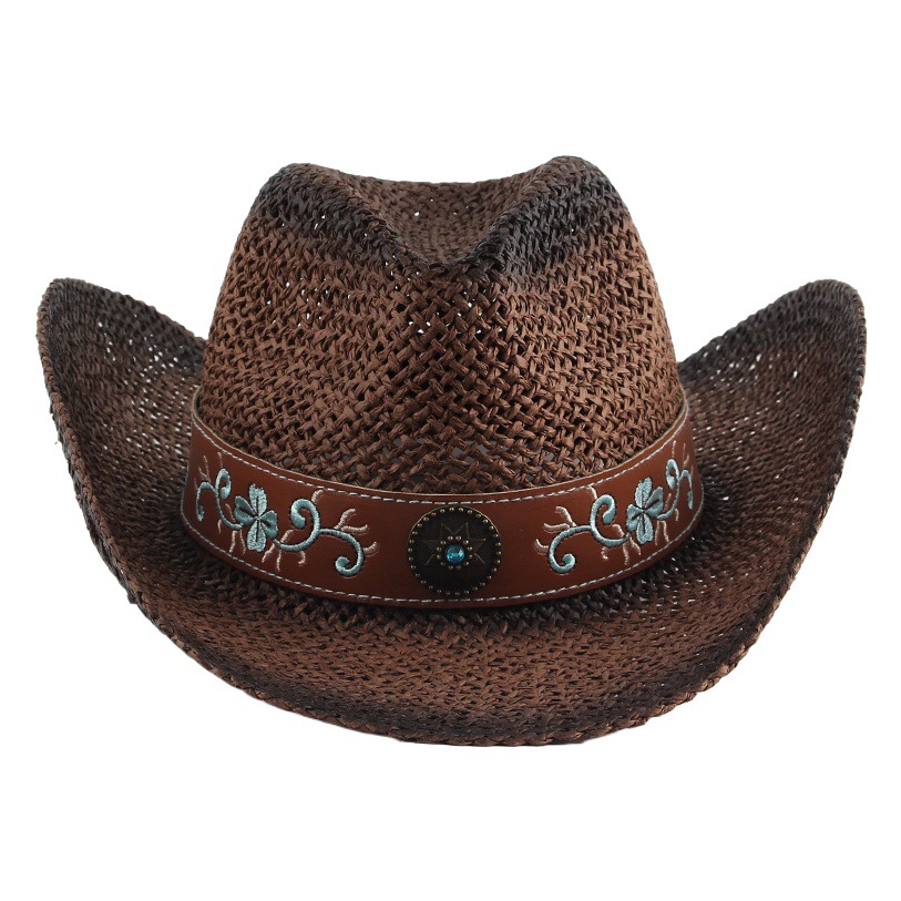 Venta directa de fábrica de paja de papel sombrero de punto a mano transpirable hueco ala curva Denim sombrero de paja bordado accesorios al aire libre sombrero de jazz Retro