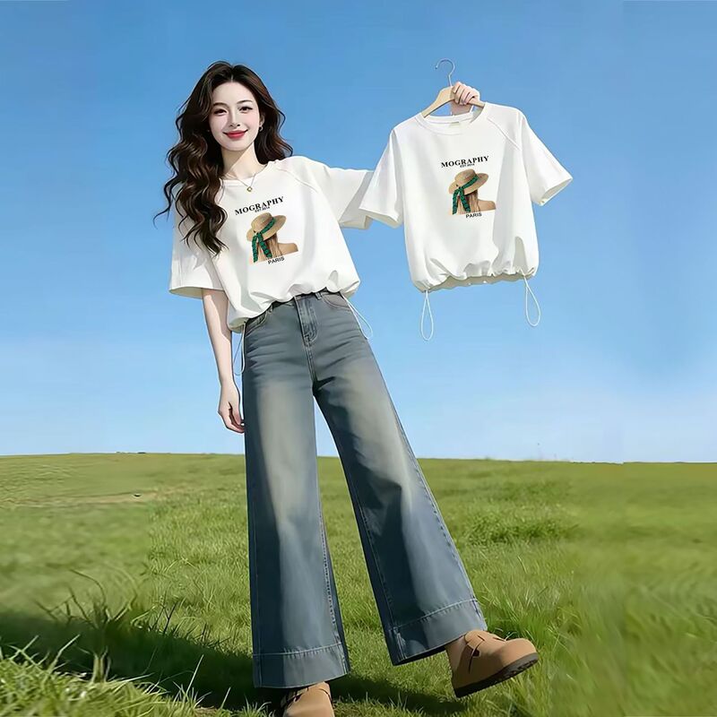 Chic off-the-shoulder sweet and spicy short-sleeve T-shirt for women, summer design, niche slim-fit, cropped drawstring waist top, ins style Chic off-the-shoulder sweet and spicy short-sleeve T-shirt for women, summer design, niche slim-fit, cropped drawstring waist top, ins style
