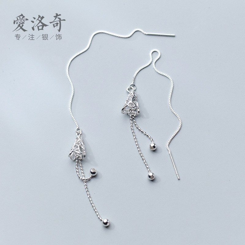 S925 línea de orejas de plata estilo coreano línea de orejas de campana de estilo japonés y coreano línea de orejas de campana hueca de estilo largo pendientes de bordas E5237