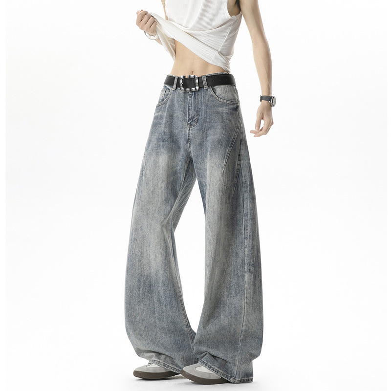 American Retro Scimitar Jeans, Heavy-Duty Washed Deconstructed Wide-Leg Pants, Bamboo Texture Washed Floor-Length Pants, High Street Style