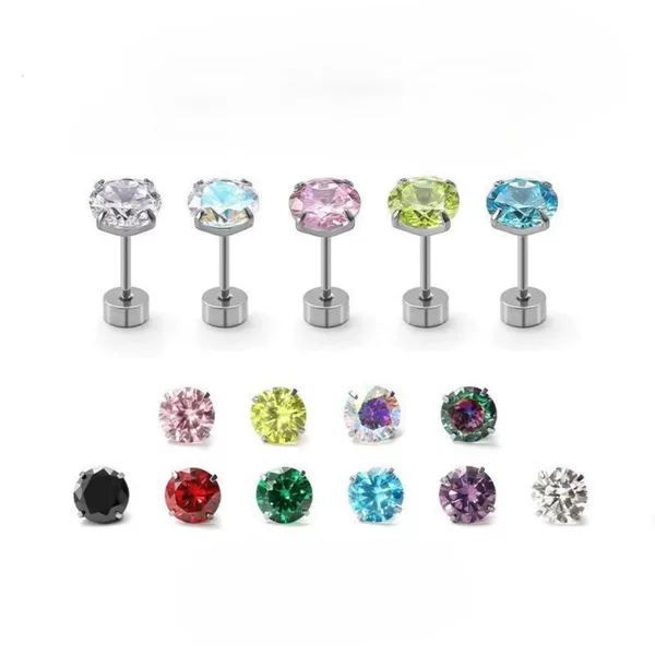Tiktok Trending Medical-Grade 316L Titanium Steel 5A Colorful Zirconia Stud Earrings for Women, Round Screw-Back Style Ear Cartilage Studs