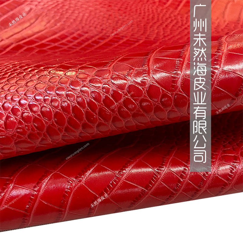 大红色复古双色油腊鳄鱼纹竹节纹头层牛皮