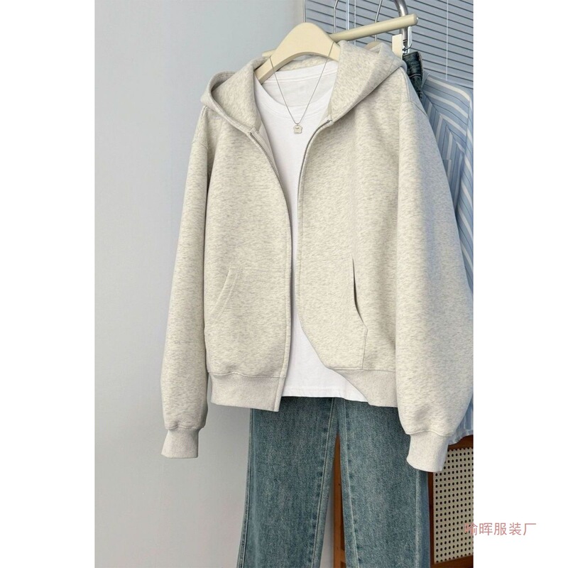White and Gray Sweatshirt for Women, Short Style for Petite Figures, 2026 Autumn and Winter Hooded Zip-Up Cardigan, Loose Korean Style