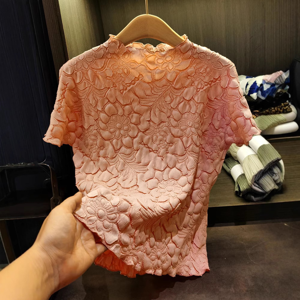 Áo thun nữ cổ đứng họa tiết hoa sen nổi 3D mặc hai mặt — Màu đen, Màu trắng be, Màu hồng, Màu xanh đậm