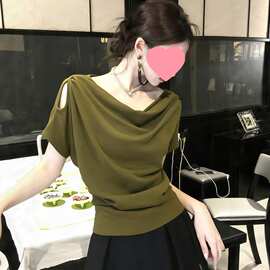 设计感荡领短袖t恤女夏6新大胖MM特漂亮巨看露肩衣