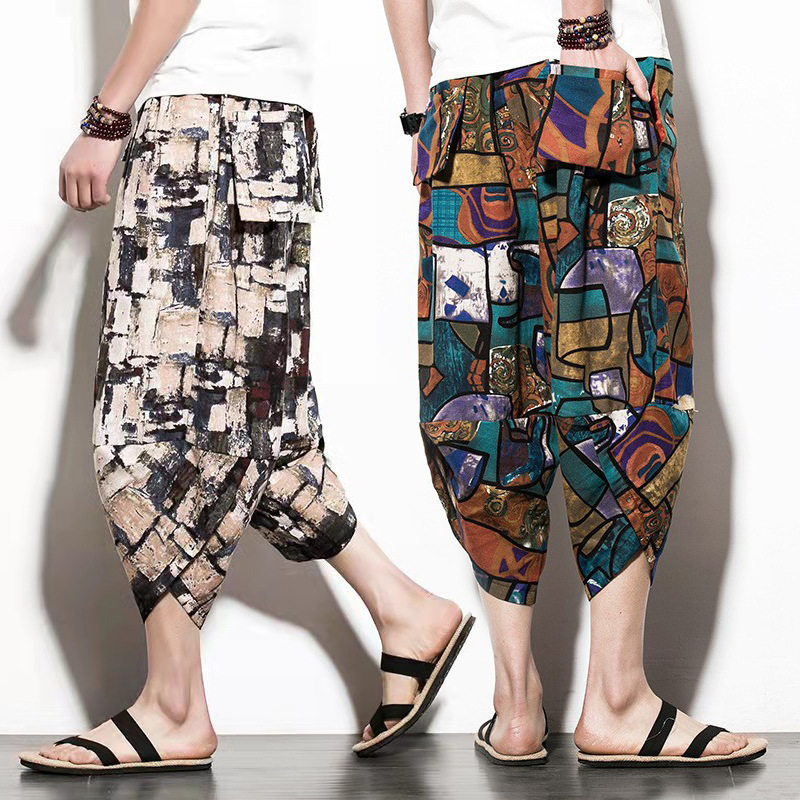 Summer Men's Casual Cropped Pants, Lantern Pants, Wide-Leg Beach Pants, Floral Pants, Loose Fit, Plus Size, Chinese Style Wholesale Summer Men's Casual Cropped Pants, Lantern Pants, Wide-Leg Beach Pants, Floral Pants, Loose Fit, Plus Size, Chinese Style Wholesale